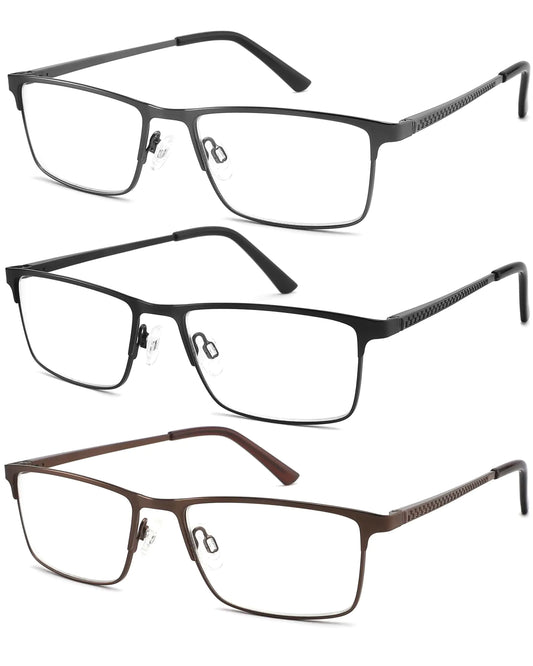 Acavefox 3 Pack Blue Light Blocking Reading Glasses Men Readers Anti Glare UV Lightweight and Sturdy Full Frame Metal Spring Hinge Eyeglasses 2.25+