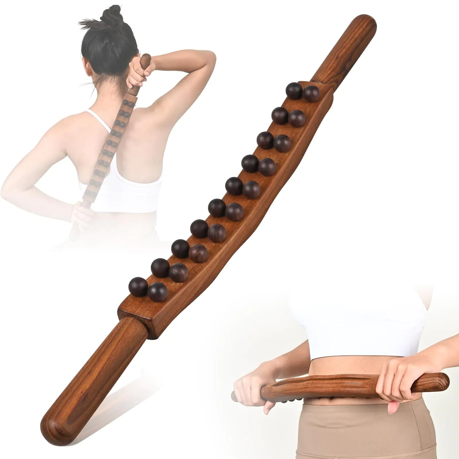 Double-row wooden massage stick with 20 rolling beads, used on back and waist