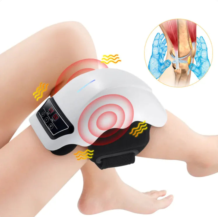 Heat Flex wireless knee massager strapped on a knee